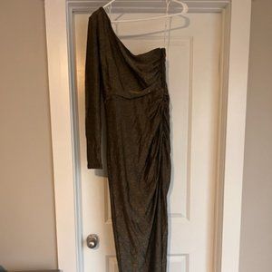 LuLu's Precious Prize Gold Metallic One-Shoulder Long Sleeve Maxi Dress - M